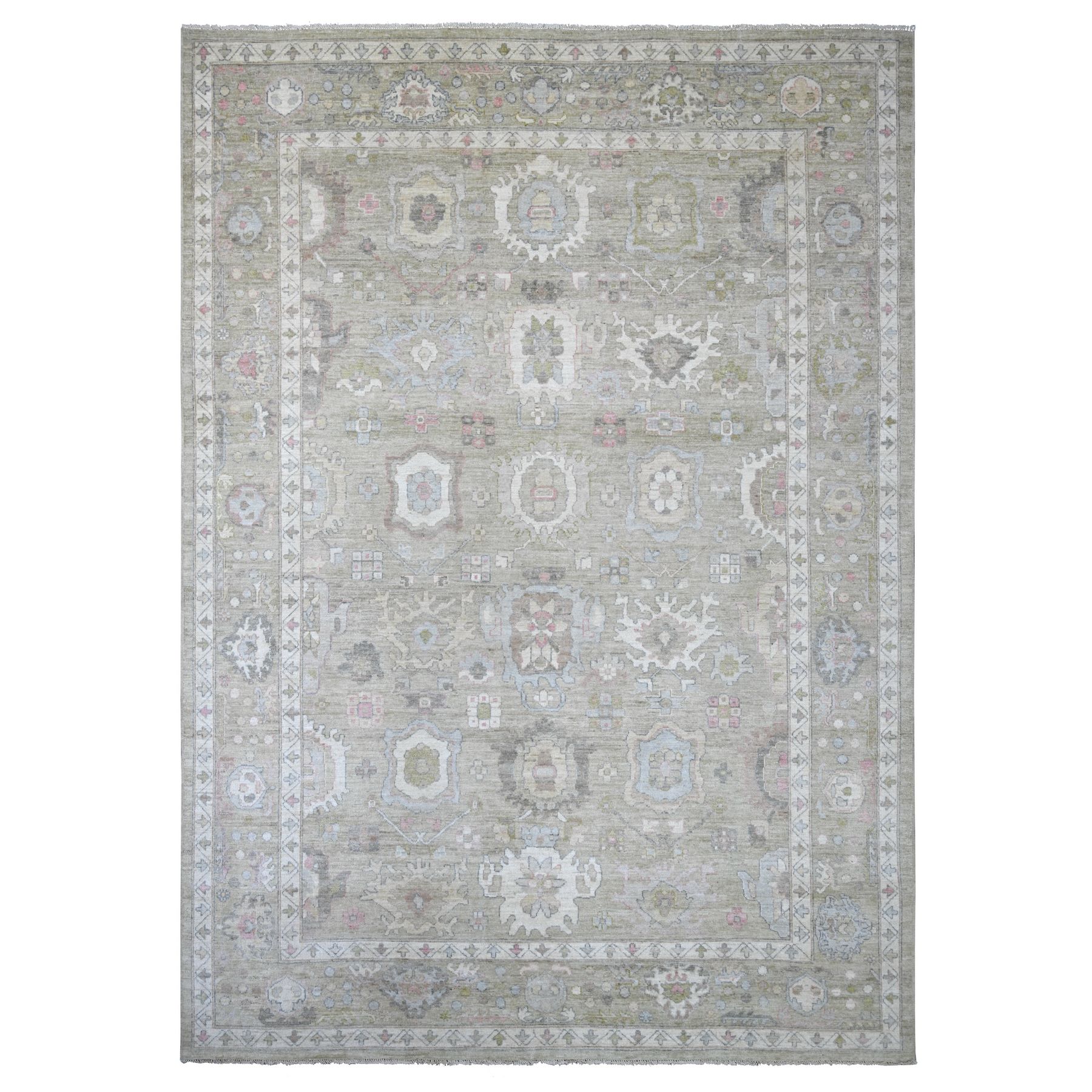 10'x14' Laurel Green, Afghan Angora Oushak with All Over Leaf Design, Hand Knotted, 100% Wool, Vegetable Dyes, Oriental Rug 